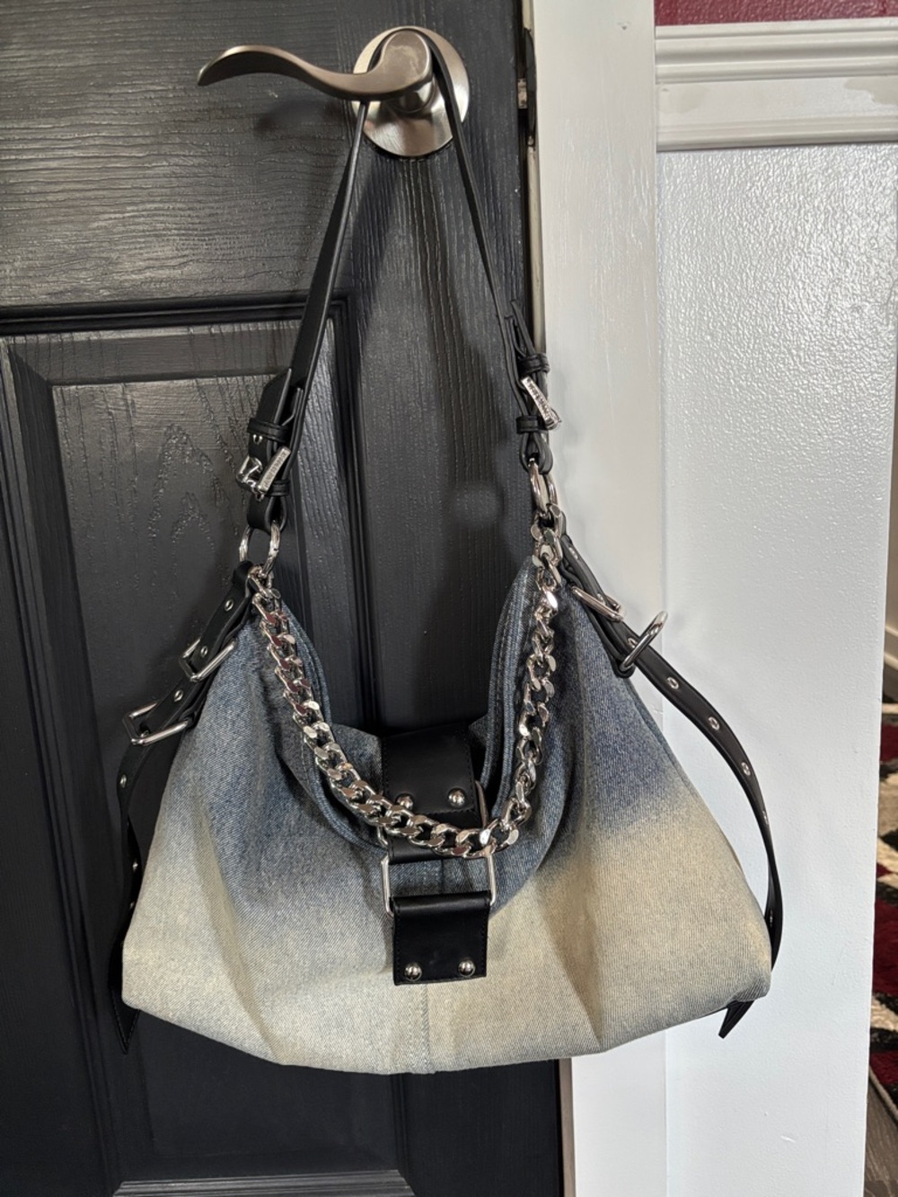 Steve Madden denim shoulder bag with chain detail